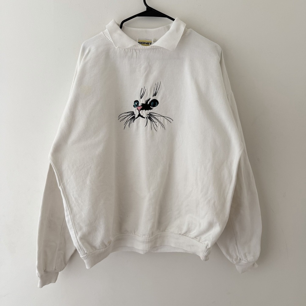 Signet Vintage Embroidered Cat Graphic Pullover Size L White Cute Kawaii Y2K USA